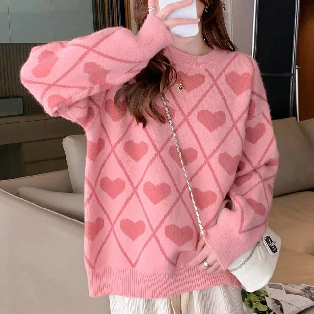 Pink Casual Womens Heart Pattern Drop Shoulder Oversized Sweater